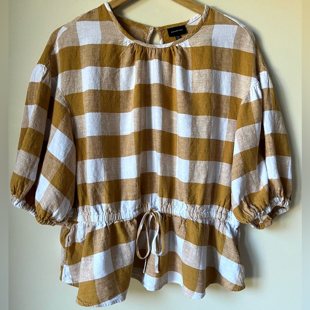 Who What Wear Linen Blend Puffed Sleeve Peplum Blouse White/Gold XXL - Picture 2 of 10